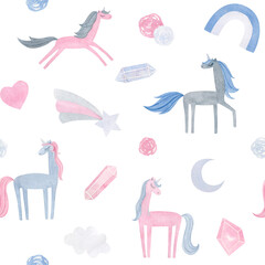 Hand drawing watercolor children's pattern with cute unicorn, flowers , diamonds