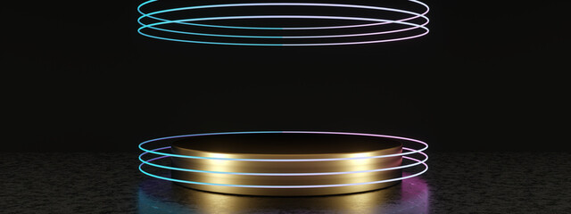 golden podium with neon lights over black background, mockup for product, 3d render, panoramic image