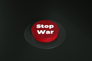 stop war red button over black background, 3d render