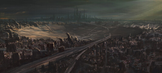 City destroyed by nuclear bomb, 3D illustration.