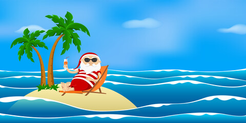 Santa resting on desert island in deck chair and drinking juice. Vector illustration.