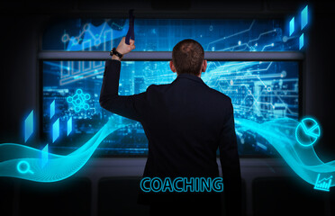 Business, technology, internet and network concept. Young businessman thinks over the steps for successful growth: Coaching