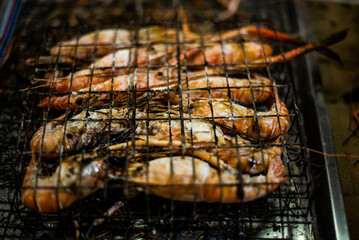 Charcoal grilled river prawns for sale at Baan Na Kluea Seafood Market, Pattaya, Thailand