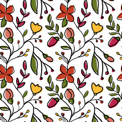 Cute floral seamless pattern on white background. Red, green, yellow flowers, leaves, black outline repeat print. Botanical design for wallpaper, fabric, textile, wrapping paper and decoration.