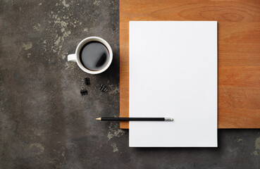 Blank stationery: letterhead, pencil and coffee cup. Blank objects for placing your design. Copy...