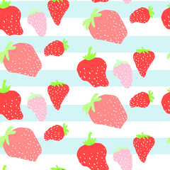 Hand drawn cute doodle strawberry blue white seamless  pattern. Red berry paper, summer texture, food textile, children wallpaper.