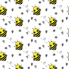 Cute doodle baby bee white seamless pattern, minimalism hand drawn flowers. Summer texture, insect textile, children wallpaper.