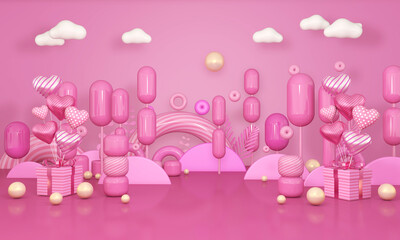 Tree cartoon with Wall Background. 3D illustration, 3D rendering	
