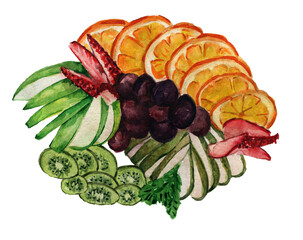 watercolor sketch of slicing fruits isolated on white background