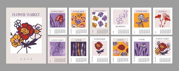 Wall vertical calendar for 2023, week starts on Sunday. Template A4 calendar set of month with abstract modern art print, floral plant, flowers. Contemporary scenery posters. Vector illustration