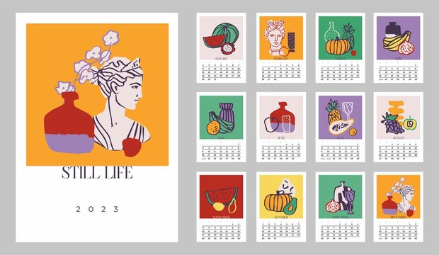 Wall vertical calendar for 2023, week starts on Sunday. Template A4 calendar set of month with abstract modern art print, still life, vases, fruits. Contemporary scenery posters. Vector illustration