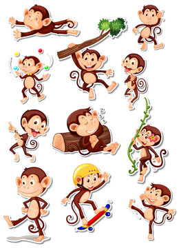Sticker set of funny monkey cartoon characters