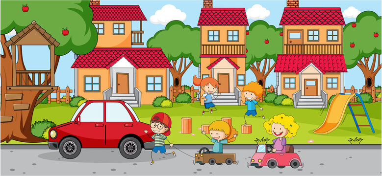 Outdoor scene with doodle house cartoon