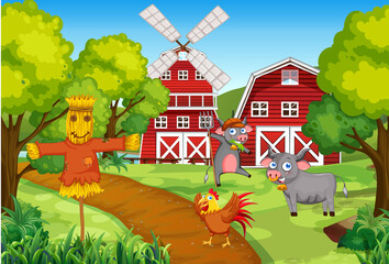 Obraz na płótnie Canvas Farm scene with animals and scarecrow