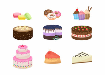 set vector illustration of desserts and cakes, sweet pastries elements on white isolated background. collection for the holiday, party, sweetness. donuts, macaroons and cheesecakes