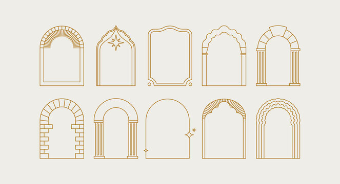 Vector set of design elements and illustrations in simple linear style - boho arch logo design elements