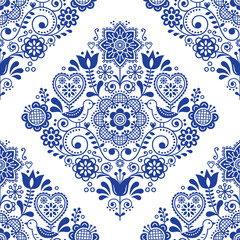 Scandinavian seamless folk art vector pattern with birds and flowers, cute Nordic navy blue repetitive floral design - textile or fabric print decor
 - obrazy, fototapety, plakaty