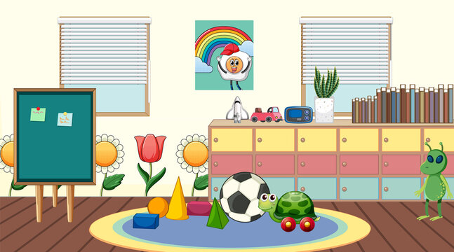 Kindergarten room scene with many toys