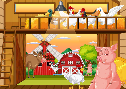 Barn indoor scene with farm animals