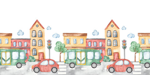 Watercolor seamless border with city traffic, city street, road, bus, car, houses, trees, traffic light © MarinaErmakova