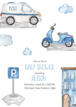 Watercolor baby shower card City transport with mail car, scooter, road sign, house, road, clouds