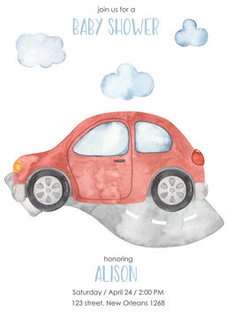 Watercolor baby shower card City transport with red car, road, clouds