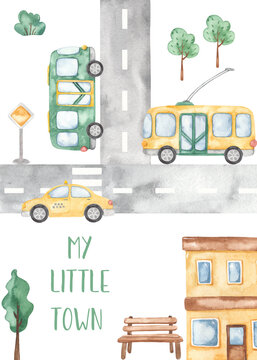 Watercolor card City transport with bus, trolleybus, house, road, trees, road signs, happy birthday boy