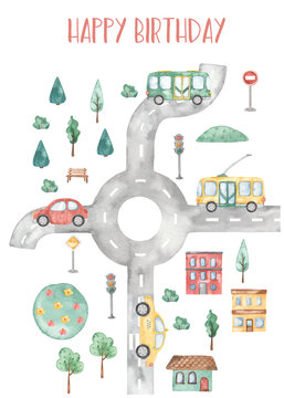 Watercolor card City transport with car, house, road, traffic light, trees, road signs, happy birthday boy