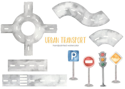 Watercolor city transport with road, road intersection, road signs, road ring, pedestrian crossing