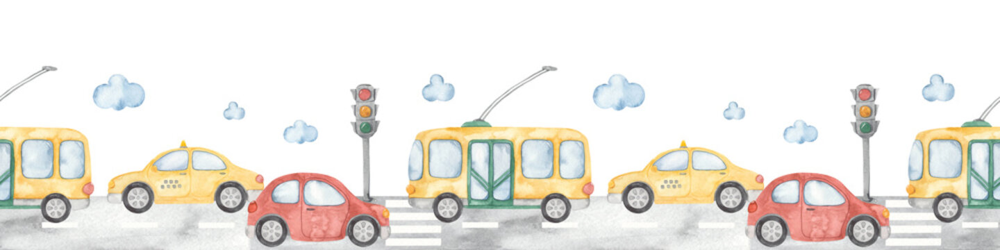 Watercolor seamless border with city traffic, road, trolleybus, car, taxi, traffic light