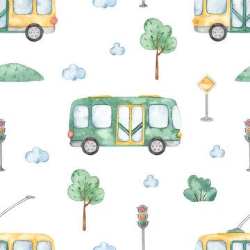Watercolor seamless pattern with bus, trolleybus, trees, traffic light, road sign, bush, for children, boys