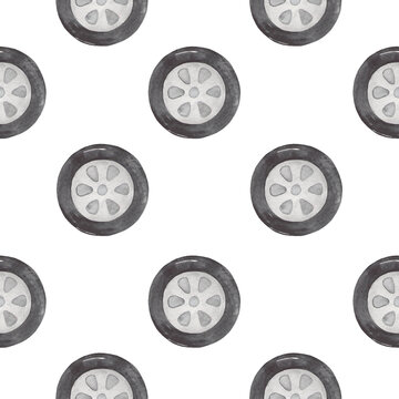 Watercolor seamless pattern with car wheels, tires, rims, for children, boys