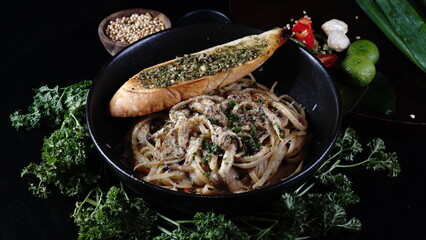 Spaghetti Italian Food with Garlic Bread