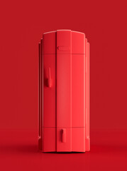 Monochrome Vintage red refrigerator, retro kitchen appliance front view, 3d rendering