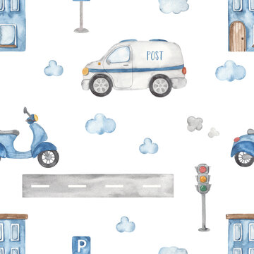 Watercolor seamless pattern with mail car, scooter, motorcycle, building, road sign, traffic light, for kids, boys