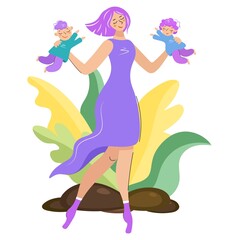 Cute mother playing with two children isolated vector illustration, mother's day scene. Happy family in a flat style on the background of decorative leaves. Mom, son and daughter. Banner, postcard.