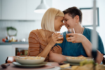 Carefree lesbian couple has fun while toasting during their lunch at home.