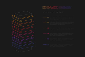 Infographic element in the form of a tower or stack with multicolored positions in a linear style. Vector stock illustration