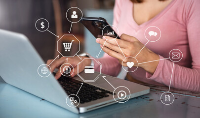  Woman hand using tablet ,laptop, and holding mobile with credit card online banking payment shopping app, virtual graphic  icon diagram .