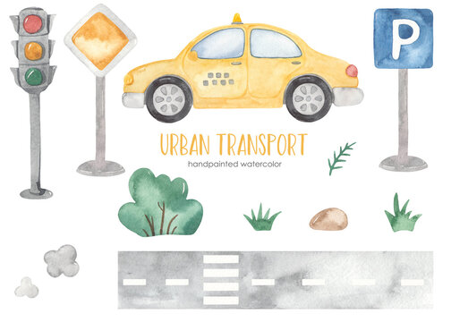 Watercolor city transport with taxi, road signs, traffic light, bush, grass