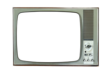 Old 1970s TV with white screen isolated on white background. Vintage TVs 1960s 1970s 1980s 1990s...