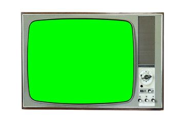 Old vintage 1970s TV with green screen for adding video isolated on white background.Vintage TVs 1960s 1970s 1980s 1990s 2000s. 