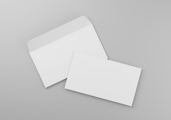 Blank white paper envelope mockup on grey background, 3D rendering