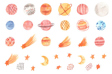 Set of colorful watercolor planet, stars, comet, moon isolated on white background. Hand drawn space elements for print, textile, kids design