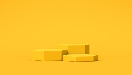 Presentation stand on a yellow background. Three hexagonal presentation stands. 3d render.