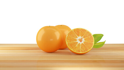 3D Fresh tangerine Orange group sweet fruits and  half slice on brown wood table with green leaves