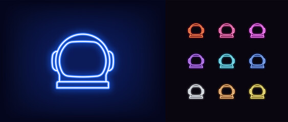 Outline neon astronaut helmet icon. Glowing neon Spaceman helmet silhouette, cosmonaut head pictogram - obrazy, fototapety, plakaty