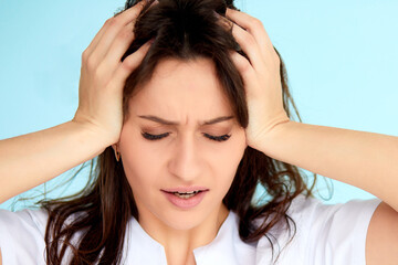 Headache And Stress. Beautiful Young Woman Feeling Strong Head Pain. Portrait Of Tired Stressed...