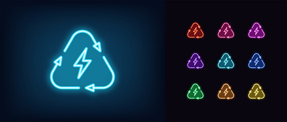 Outline neon electric recharge icon. Glowing neon lightning sign with recycle triangle, charge process pictogram