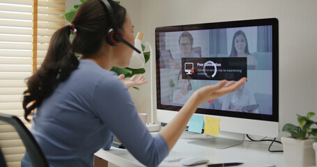 Asia people young woman stress angry bored sad in wifi cut out worry work at home issue video call...